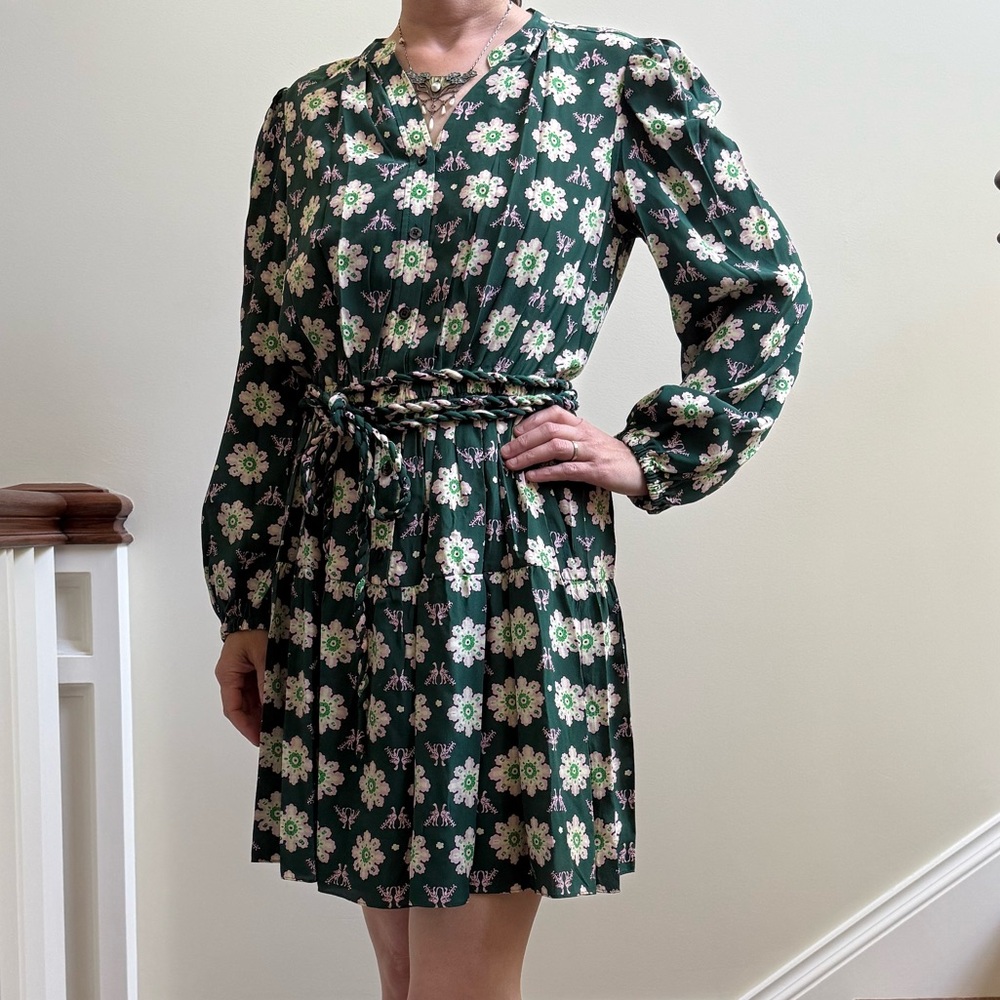 ALC‎ Silk Belted Tiered Mini Dress Floral Bird Green Puff Sleeve Coquette 4